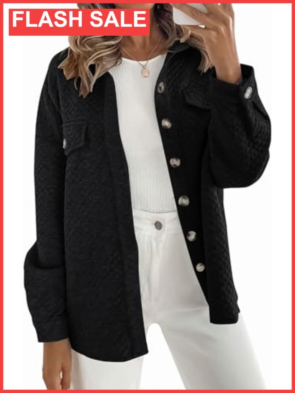Quilted Button Down Long Sleeve Shacket Jacket Polyester